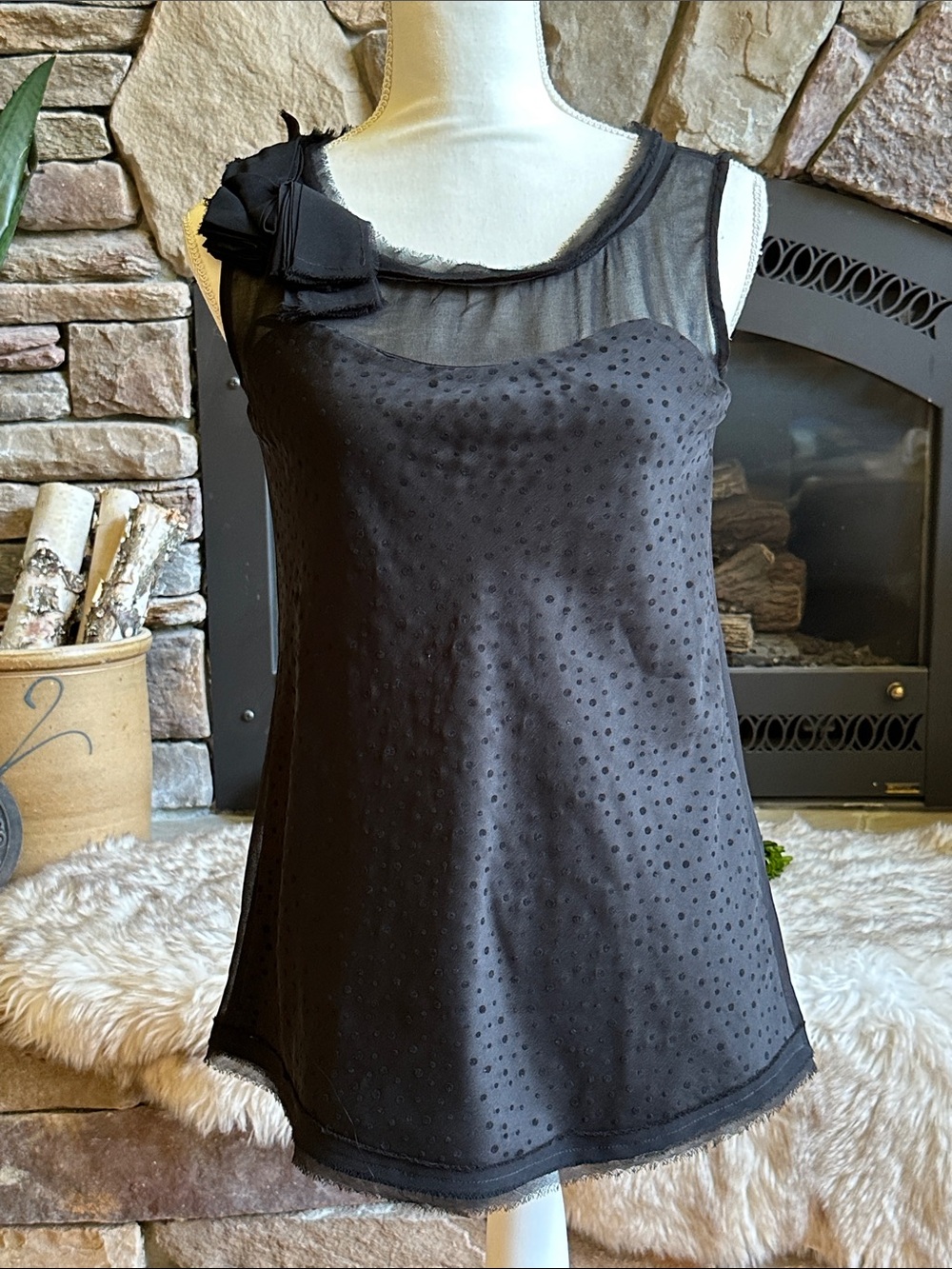 MM Couture Black Sleeveless Dot Mesh Shell with Shoulder Bow